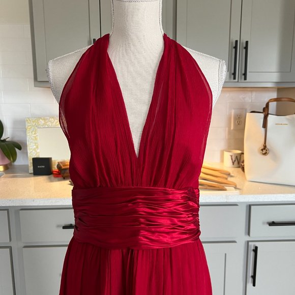 Maggy London Stunning Halter Style Midi Red Dress with Cummerbund Waist 10P - Picture 3 of 13